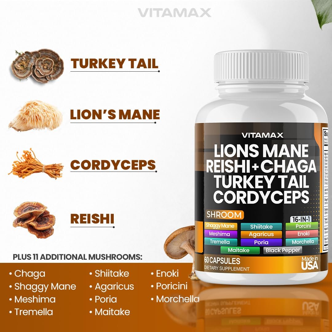 Vitamax Löwenmähne, Truthahnschwanz, Chaga & Reishi, Cordyceps Shiitake, Weiße Ulme, Königstrumpet, Nameko, Austernpilz, Steinpilz – Fokus & Energie – 60 Kapseln (1 Packung), Hergestellt in den USA