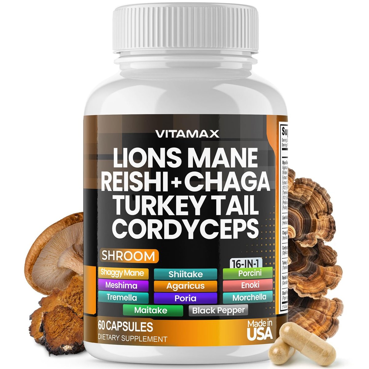 Vitamax Löwenmähne, Truthahnschwanz, Chaga & Reishi, Cordyceps Shiitake, Weiße Ulme, Königstrumpet, Nameko, Austernpilz, Steinpilz – Fokus & Energie – 60 Kapseln (1 Packung), Hergestellt in den USA
