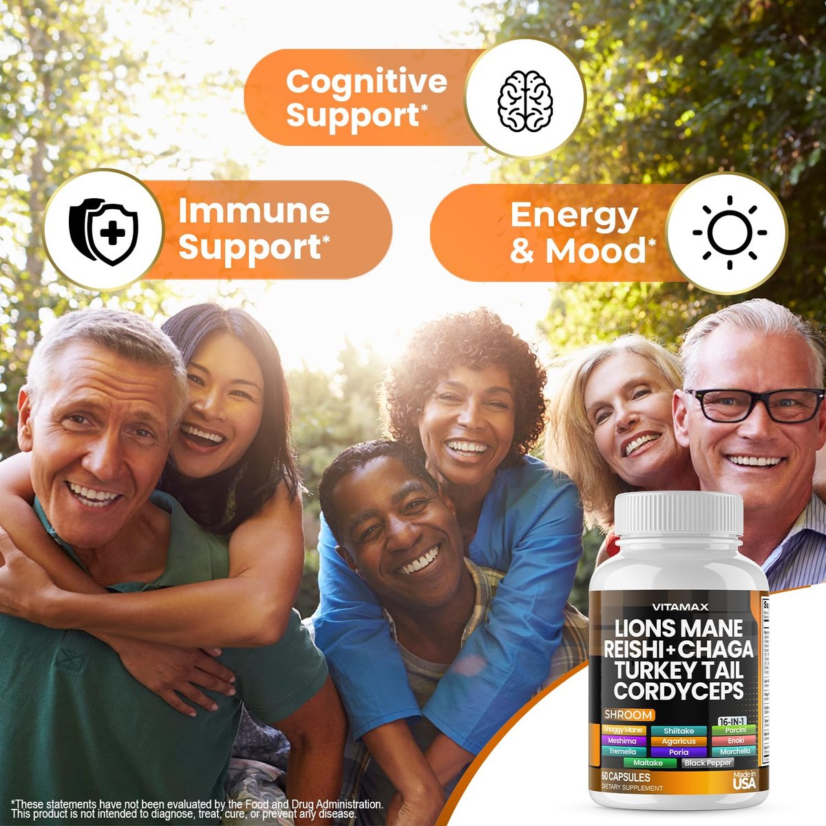 Vitamax Löwenmähne, Truthahnschwanz, Chaga & Reishi, Cordyceps Shiitake, Weiße Ulme, Königstrumpet, Nameko, Austernpilz, Steinpilz – Fokus & Energie – 60 Kapseln (1 Packung), Hergestellt in den USA