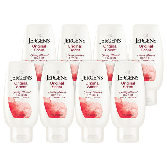 Jergens Original Duschcreme für trockene Haut, Hand- und Körperfeuchtigkeitscreme mit Kirsch-Mandel-Duft, dermatologisch getestet, 3 Fl Oz (Packung mit 8)
