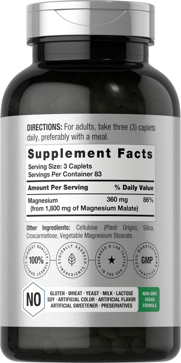 Horbäach Magnesium Malat | 1800 mg | 250 Tabletten | Vegetarisch, Nicht-GVO, Glutenfrei