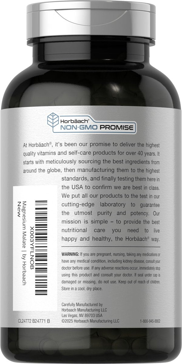 Horbäach Magnesium Malat | 1800 mg | 250 Tabletten | Vegetarisch, Nicht-GVO, Glutenfrei