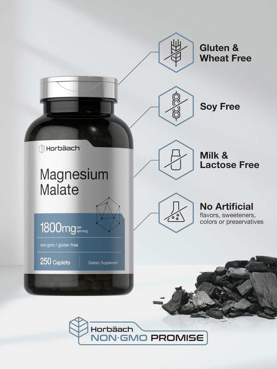 Horbäach Magnesium Malat | 1800 mg | 250 Tabletten | Vegetarisch, Nicht-GVO, Glutenfrei