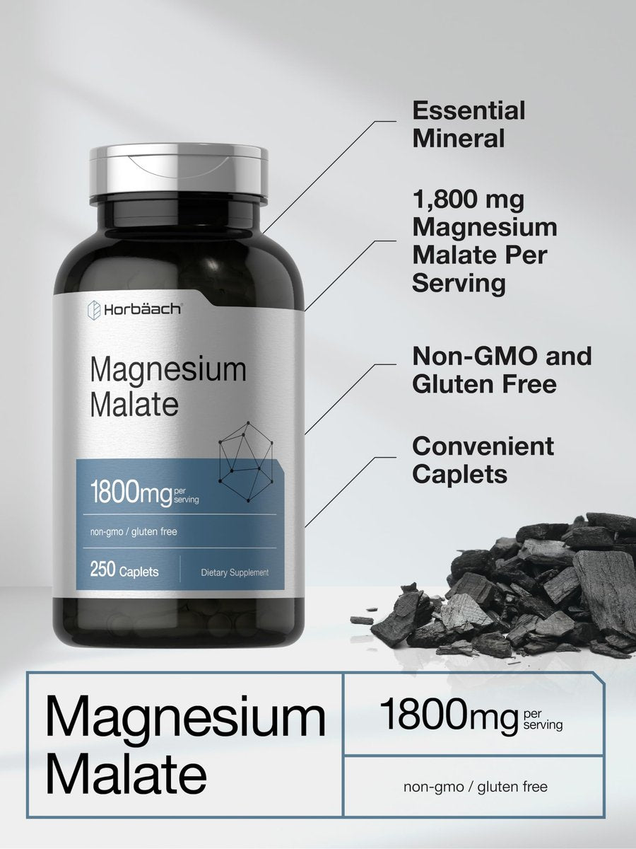 Horbäach Magnesium Malat | 1800 mg | 250 Tabletten | Vegetarisch, Nicht-GVO, Glutenfrei