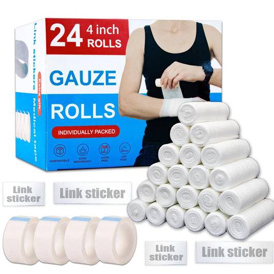 KIWAEZS 24er-Pack Mullbinden 4" x 4,1 Yards – Premium-Qualität, fussel- und latexfrei, dehnbar, für Wundversorgung und Verbände (Ideal für Haus- und Auto-Erste-Hilfe-Sets)