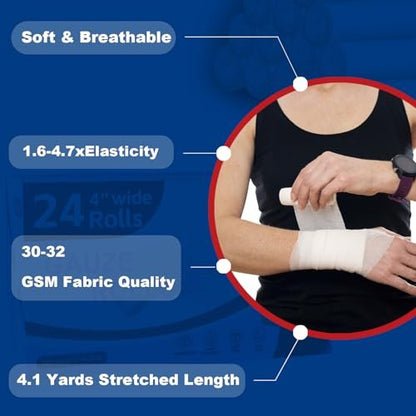 KIWAEZS 24er-Pack Mullbinden 4" x 4,1 Yards – Premium-Qualität, fussel- und latexfrei, dehnbar, für Wundversorgung und Verbände (Ideal für Haus- und Auto-Erste-Hilfe-Sets)