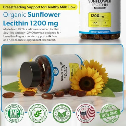 TRUEMED Bio Sonnenblumen-Lecithin 1200 mg – Stillergänzung für Mütter – Unterstützt Milchfluss, verstopfte Milchgänge, Gehirn- & Lebergesundheit – Sojafrei, Nicht-GVO – 100 Weichkapseln