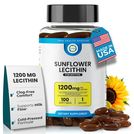 TRUEMED Bio Sonnenblumen-Lecithin 1200 mg – Stillergänzung für Mütter – Unterstützt Milchfluss, verstopfte Milchgänge, Gehirn- & Lebergesundheit – Sojafrei, Nicht-GVO – 100 Weichkapseln