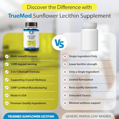 TRUEMED Bio Sonnenblumen-Lecithin 1200 mg – Stillergänzung für Mütter – Unterstützt Milchfluss, verstopfte Milchgänge, Gehirn- & Lebergesundheit – Sojafrei, Nicht-GVO – 100 Weichkapseln