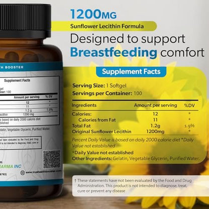TRUEMED Bio Sonnenblumen-Lecithin 1200 mg – Stillergänzung für Mütter – Unterstützt Milchfluss, verstopfte Milchgänge, Gehirn- & Lebergesundheit – Sojafrei, Nicht-GVO – 100 Weichkapseln