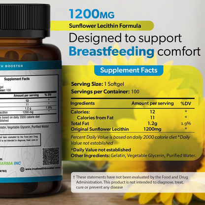 TRUEMED Bio Sonnenblumen-Lecithin 1200 mg – Stillergänzung für Mütter – Unterstützt Milchfluss, verstopfte Milchgänge, Gehirn- & Lebergesundheit – Sojafrei, Nicht-GVO – 100 Weichkapseln