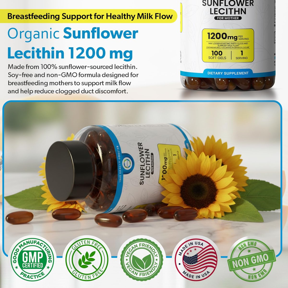 TRUEMED Bio Sonnenblumen-Lecithin 1200 mg – Stillergänzung für Mütter – Unterstützt Milchfluss, verstopfte Milchgänge, Gehirn- & Lebergesundheit – Sojafrei, Nicht-GVO – 100 Weichkapseln