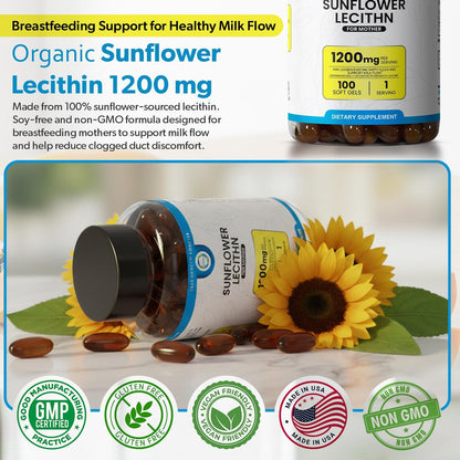 TRUEMED Bio Sonnenblumen-Lecithin 1200 mg – Stillergänzung für Mütter – Unterstützt Milchfluss, verstopfte Milchgänge, Gehirn- & Lebergesundheit – Sojafrei, Nicht-GVO – 100 Weichkapseln