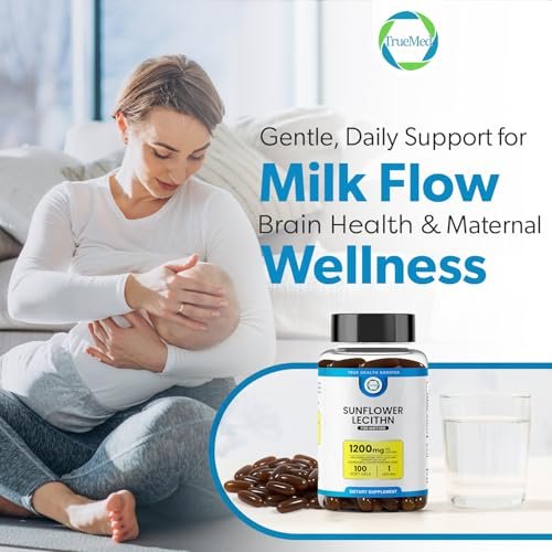 TRUEMED Bio Sonnenblumen-Lecithin 1200 mg – Stillergänzung für Mütter – Unterstützt Milchfluss, verstopfte Milchgänge, Gehirn- & Lebergesundheit – Sojafrei, Nicht-GVO – 100 Weichkapseln