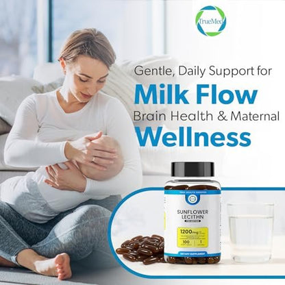 TRUEMED Bio Sonnenblumen-Lecithin 1200 mg – Stillergänzung für Mütter – Unterstützt Milchfluss, verstopfte Milchgänge, Gehirn- & Lebergesundheit – Sojafrei, Nicht-GVO – 100 Weichkapseln