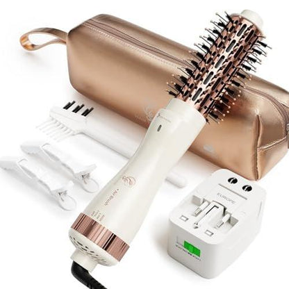 1,5 Zoll Fass (2,8'' Plus Borsten) Dual Voltage (110~250V) Rundbürsten-Haartrockner, Haartrocknerbürste mit EU-Adapter, 4-in-1 Negativ-Ionen-Volumenformer