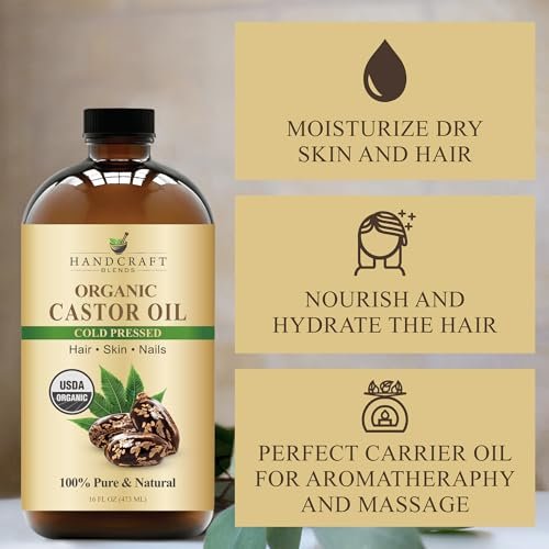 Handcraft Blends Kaltgepresstes Bio-Rizinusöl 473 ml | Glasflasche | 100% rein und natürlich | Premium-Trägeröl | Für Haare, Wimpern und Augenbrauen | Haar und Körper