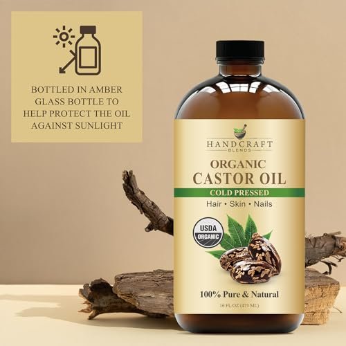 Handcraft Blends Kaltgepresstes Bio-Rizinusöl 473 ml | Glasflasche | 100% rein und natürlich | Premium-Trägeröl | Für Haare, Wimpern und Augenbrauen | Haar und Körper