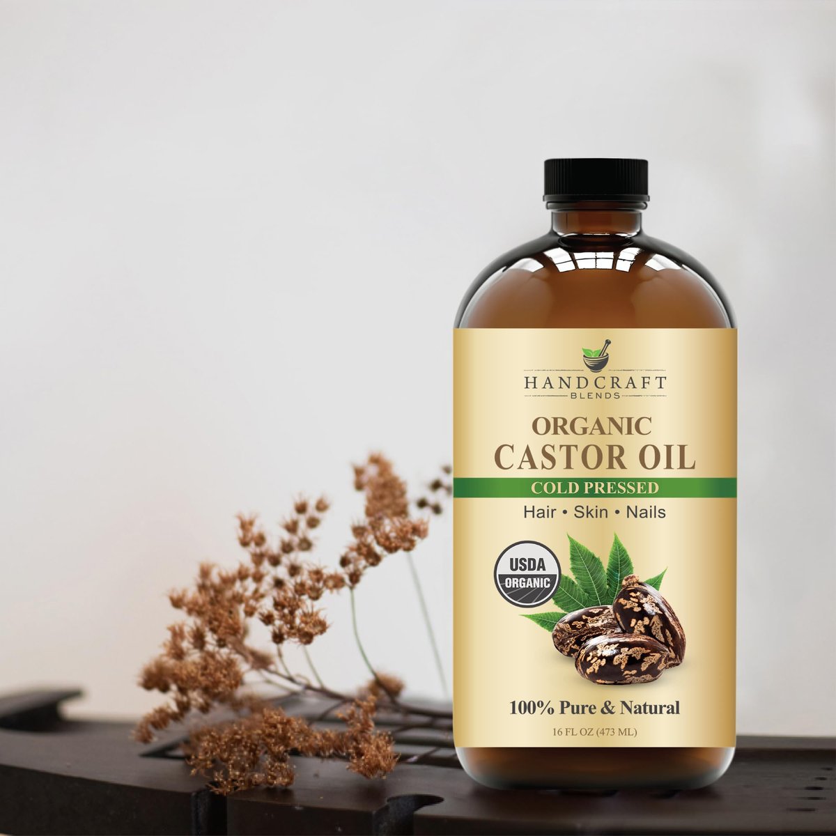 Handcraft Blends Kaltgepresstes Bio-Rizinusöl 473 ml | Glasflasche | 100% rein und natürlich | Premium-Trägeröl | Für Haare, Wimpern und Augenbrauen | Haar und Körper