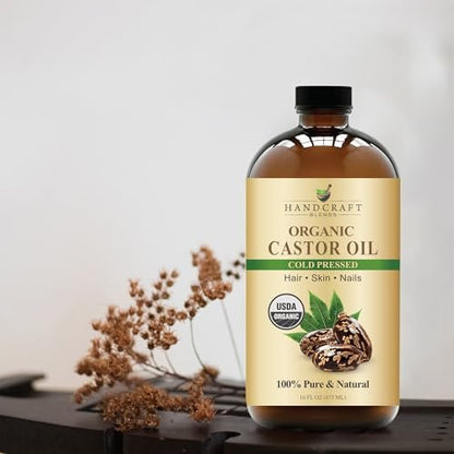 Handcraft Blends Kaltgepresstes Bio-Rizinusöl 473 ml | Glasflasche | 100% rein und natürlich | Premium-Trägeröl | Für Haare, Wimpern und Augenbrauen | Haar und Körper