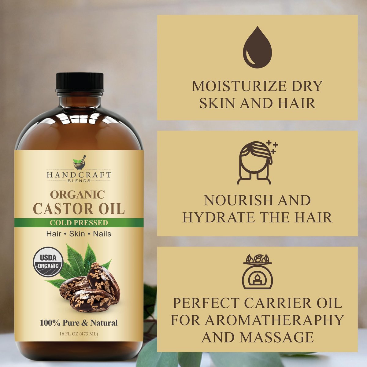 Handcraft Blends Kaltgepresstes Bio-Rizinusöl 473 ml | Glasflasche | 100% rein und natürlich | Premium-Trägeröl | Für Haare, Wimpern und Augenbrauen | Haar und Körper