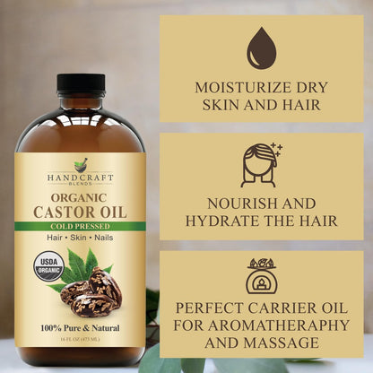 Handcraft Blends Kaltgepresstes Bio-Rizinusöl 473 ml | Glasflasche | 100% rein und natürlich | Premium-Trägeröl | Für Haare, Wimpern und Augenbrauen | Haar und Körper