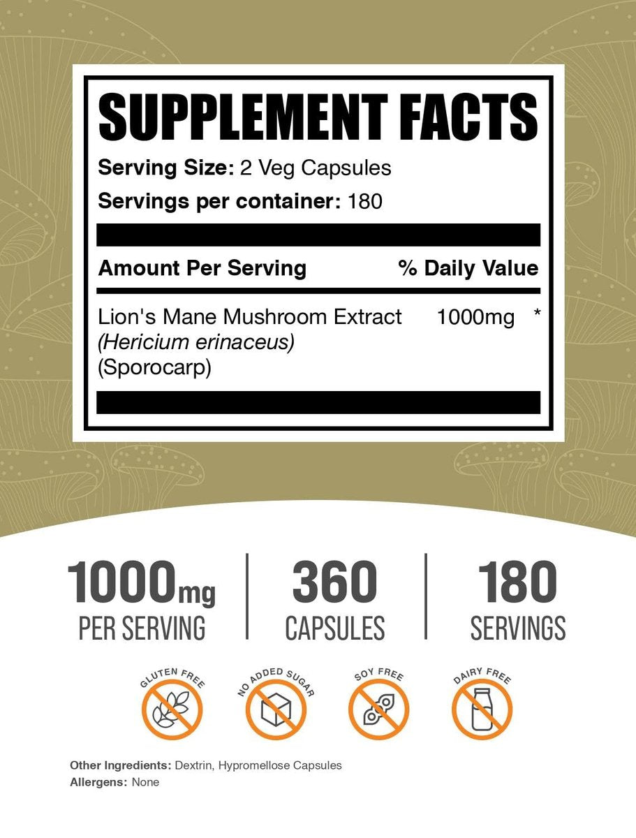 Löwenmähne (Hericium erinaceus) Extrakt Kapseln - Nahrungsergänzungsmittel für Gedächtnis und Konzentration - Vegan, 2 Kapseln pro Portion (1000 mg), 360 Kapseln