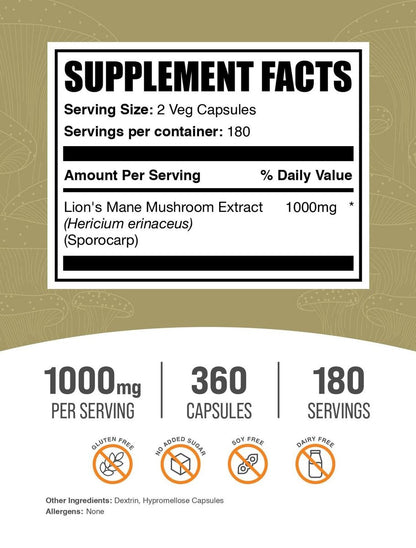 Löwenmähne (Hericium erinaceus) Extrakt Kapseln - Nahrungsergänzungsmittel für Gedächtnis und Konzentration - Vegan, 2 Kapseln pro Portion (1000 mg), 360 Kapseln