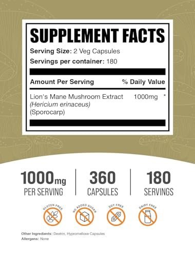 Löwenmähne (Hericium erinaceus) Extrakt Kapseln - Nahrungsergänzungsmittel für Gedächtnis und Konzentration - Vegan, 2 Kapseln pro Portion (1000 mg), 360 Kapseln