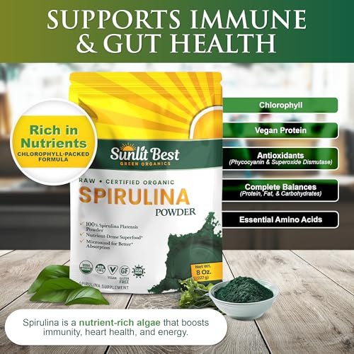 Sunlit Best Spirulina Pulver Bio USDA - Chlorophyll, schnelle Aufnahme, Blaugrüne Mikroalge, Roh-Vegan-Protein - Nicht-GVO, Glutenfrei Superfood Energie, Darm-, Immununterstützung - 227 g