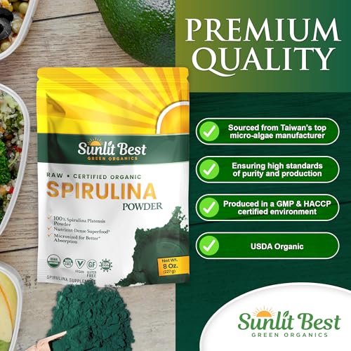 Sunlit Best Spirulina Pulver Bio USDA - Chlorophyll, schnelle Aufnahme, Blaugrüne Mikroalge, Roh-Vegan-Protein - Nicht-GVO, Glutenfrei Superfood Energie, Darm-, Immununterstützung - 227 g