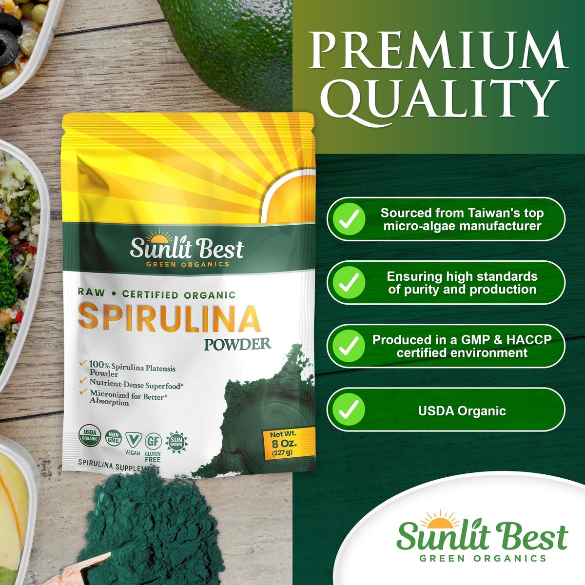 Sunlit Best Spirulina Pulver Bio USDA - Chlorophyll, schnelle Aufnahme, Blaugrüne Mikroalge, Roh-Vegan-Protein - Nicht-GVO, Glutenfrei Superfood Energie, Darm-, Immununterstützung - 227 g