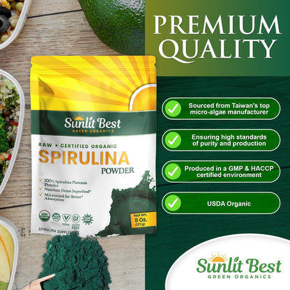 Sunlit Best Spirulina Pulver Bio USDA - Chlorophyll, schnelle Aufnahme, Blaugrüne Mikroalge, Roh-Vegan-Protein - Nicht-GVO, Glutenfrei Superfood Energie, Darm-, Immununterstützung - 227 g