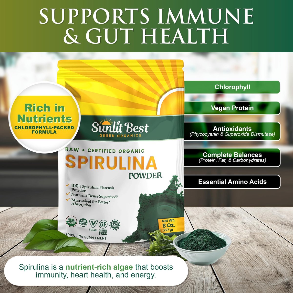 Sunlit Best Spirulina Pulver Bio USDA - Chlorophyll, schnelle Aufnahme, Blaugrüne Mikroalge, Roh-Vegan-Protein - Nicht-GVO, Glutenfrei Superfood Energie, Darm-, Immununterstützung - 227 g