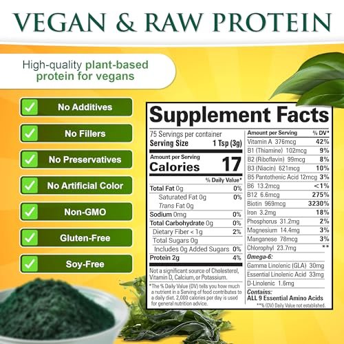 Sunlit Best Spirulina Pulver Bio USDA - Chlorophyll, schnelle Aufnahme, Blaugrüne Mikroalge, Roh-Vegan-Protein - Nicht-GVO, Glutenfrei Superfood Energie, Darm-, Immununterstützung - 227 g