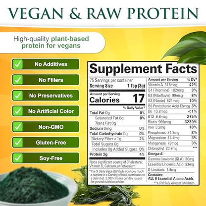 Sunlit Best Spirulina Pulver Bio USDA - Chlorophyll, schnelle Aufnahme, Blaugrüne Mikroalge, Roh-Vegan-Protein - Nicht-GVO, Glutenfrei Superfood Energie, Darm-, Immununterstützung - 227 g
