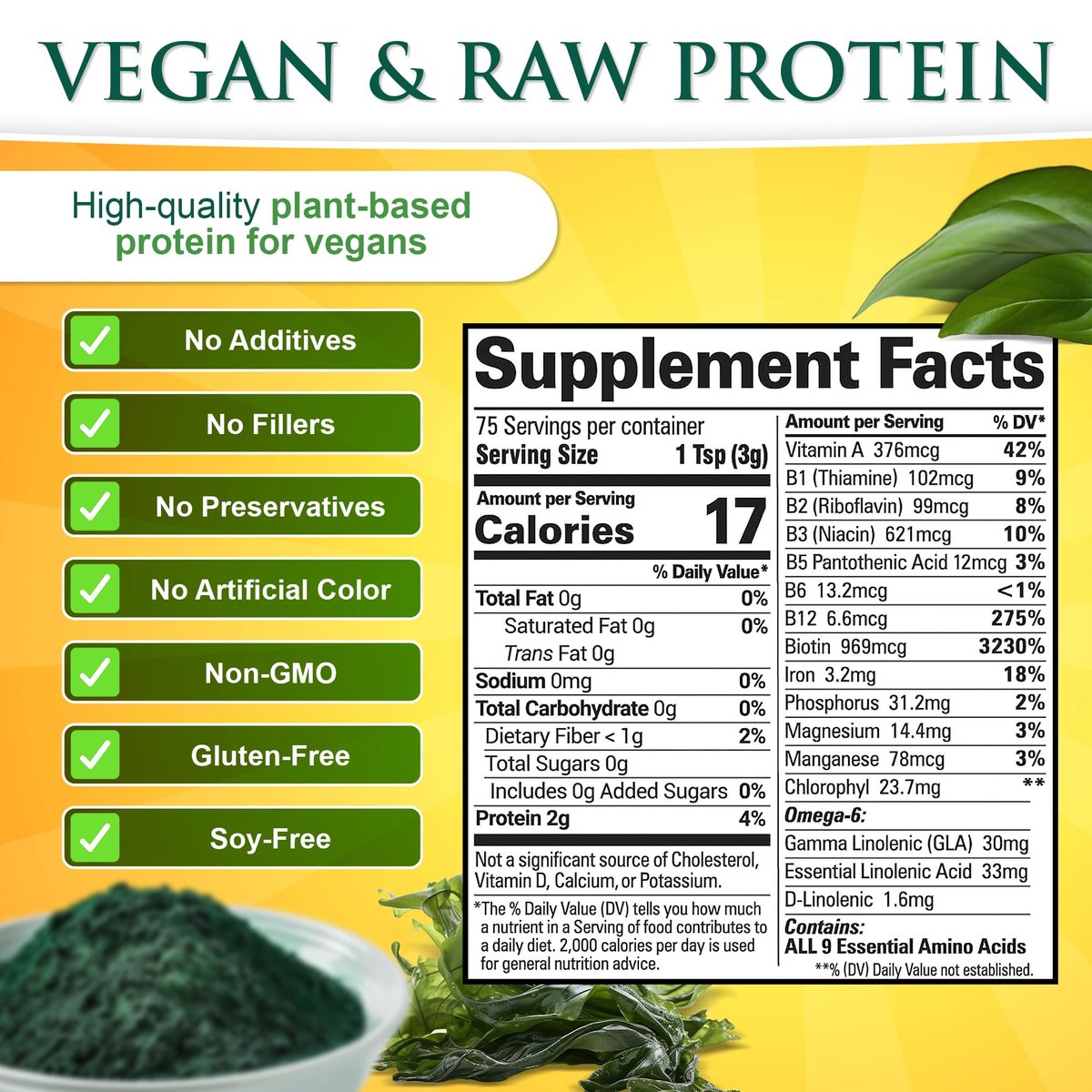 Sunlit Best Spirulina Pulver Bio USDA - Chlorophyll, schnelle Aufnahme, Blaugrüne Mikroalge, Roh-Vegan-Protein - Nicht-GVO, Glutenfrei Superfood Energie, Darm-, Immununterstützung - 227 g