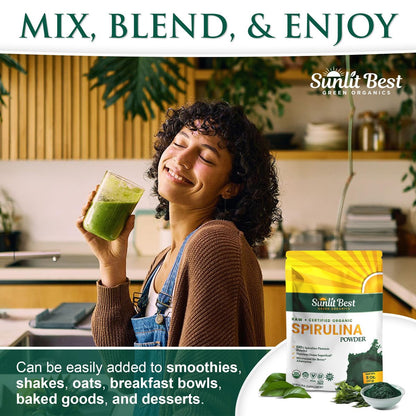 Sunlit Best Spirulina Pulver Bio USDA - Chlorophyll, schnelle Aufnahme, Blaugrüne Mikroalge, Roh-Vegan-Protein - Nicht-GVO, Glutenfrei Superfood Energie, Darm-, Immununterstützung - 227 g