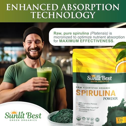 Sunlit Best Spirulina Pulver Bio USDA - Chlorophyll, schnelle Aufnahme, Blaugrüne Mikroalge, Roh-Vegan-Protein - Nicht-GVO, Glutenfrei Superfood Energie, Darm-, Immununterstützung - 227 g