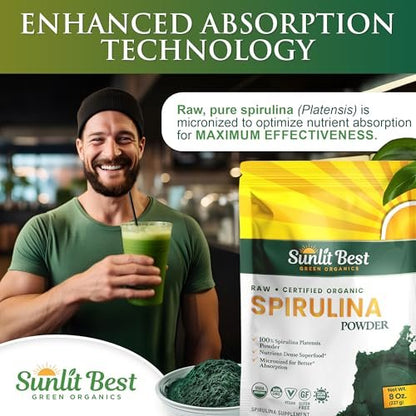 Sunlit Best Spirulina Pulver Bio USDA - Chlorophyll, schnelle Aufnahme, Blaugrüne Mikroalge, Roh-Vegan-Protein - Nicht-GVO, Glutenfrei Superfood Energie, Darm-, Immununterstützung - 227 g