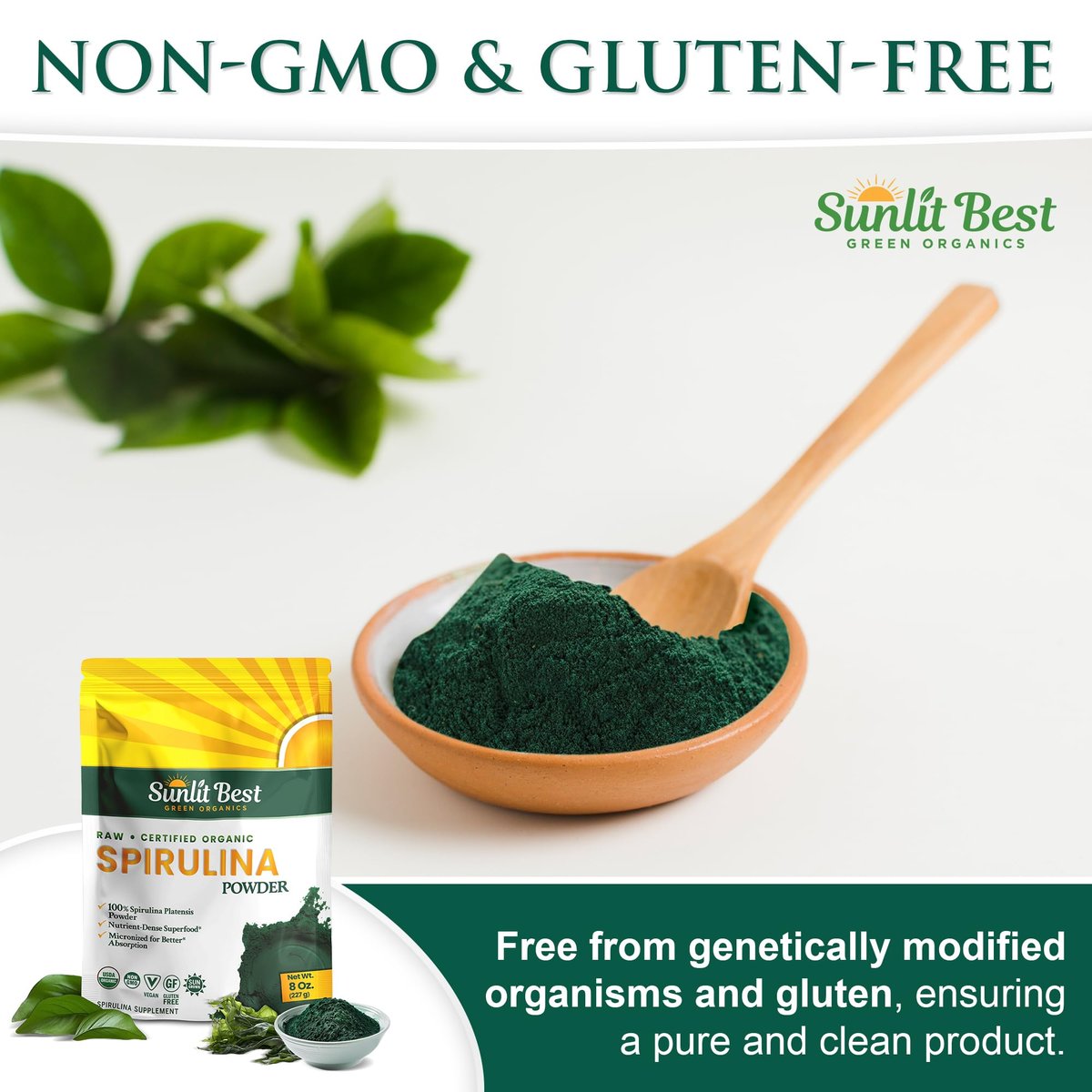 Sunlit Best Spirulina Pulver Bio USDA - Chlorophyll, schnelle Aufnahme, Blaugrüne Mikroalge, Roh-Vegan-Protein - Nicht-GVO, Glutenfrei Superfood Energie, Darm-, Immununterstützung - 227 g