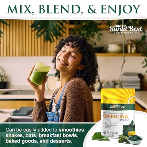 Sunlit Best Spirulina Pulver Bio USDA - Chlorophyll, schnelle Aufnahme, Blaugrüne Mikroalge, Roh-Vegan-Protein - Nicht-GVO, Glutenfrei Superfood Energie, Darm-, Immununterstützung - 227 g