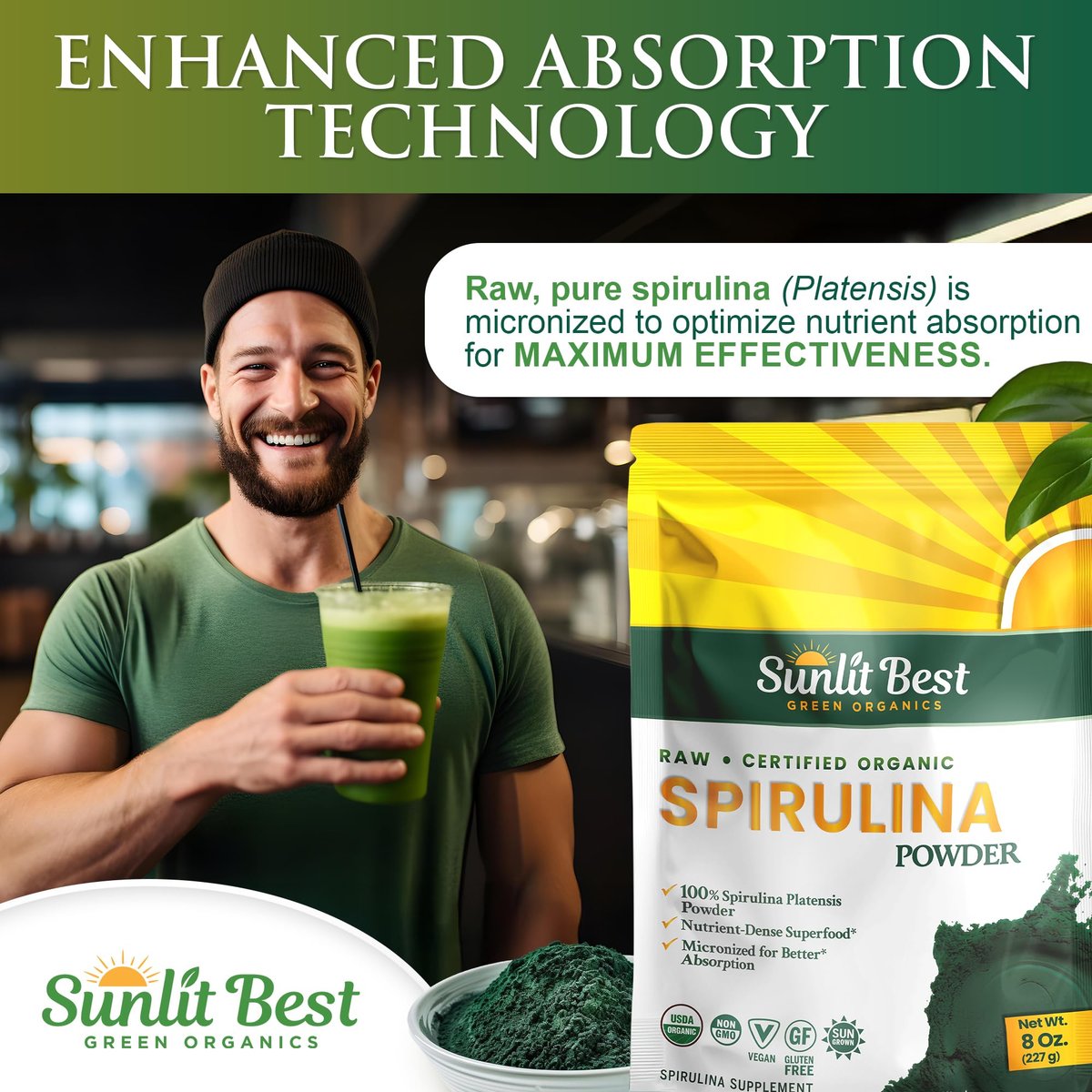 Sunlit Best Spirulina Pulver Bio USDA - Chlorophyll, schnelle Aufnahme, Blaugrüne Mikroalge, Roh-Vegan-Protein - Nicht-GVO, Glutenfrei Superfood Energie, Darm-, Immununterstützung - 227 g