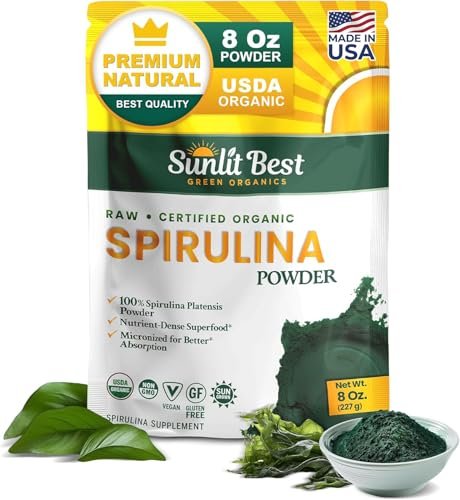 Sunlit Best Spirulina Pulver Bio USDA - Chlorophyll, schnelle Aufnahme, Blaugrüne Mikroalge, Roh-Vegan-Protein - Nicht-GVO, Glutenfrei Superfood Energie, Darm-, Immununterstützung - 227 g