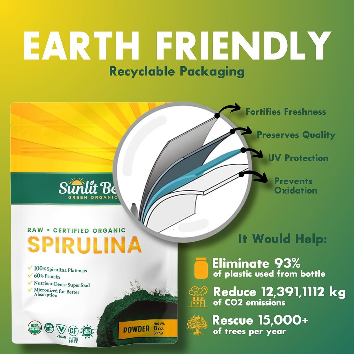 Sunlit Best Spirulina Pulver Bio USDA - Chlorophyll, schnelle Aufnahme, Blaugrüne Mikroalge, Roh-Vegan-Protein - Nicht-GVO, Glutenfrei Superfood Energie, Darm-, Immununterstützung - 227 g