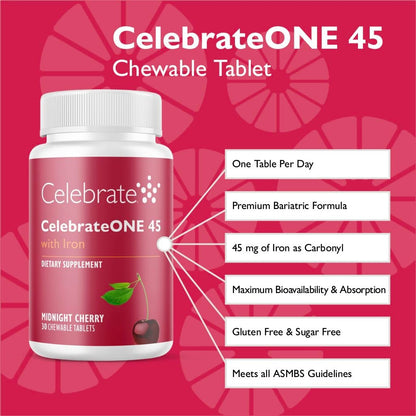 CelebrateONE 45 Bariatric Multivitamin mit Eisen, einmal täglich tropisch kaubar für Magenverkleinerung & Bypass-Patienten – 45 mg Eisen, 30 Tabletten, 1 Monatsvorrat