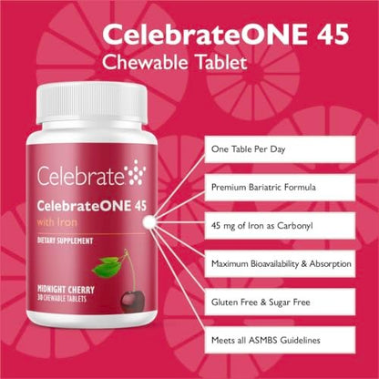 CelebrateONE 45 Bariatric Multivitamin mit Eisen, einmal täglich tropisch kaubar für Magenverkleinerung & Bypass-Patienten – 45 mg Eisen, 30 Tabletten, 1 Monatsvorrat