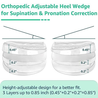 Skyfoot 3-Lagen Verstellbare Fersenkeil-Einlagen zur Korrektur von Supination & Pronation, Klebende mediale & laterale Fersenpolster für O-Beine, Knieschmerzen, Fußausrichtung (L: Damen 7-11, Herren 7-10, Kristall)