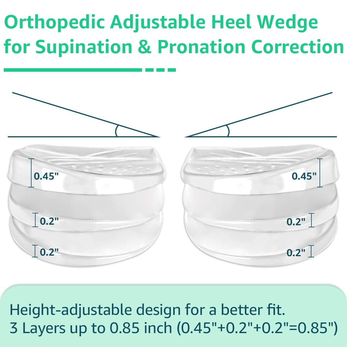 Skyfoot 3-Lagen Verstellbare Fersenkeil-Einlagen zur Korrektur von Supination & Pronation, Klebende mediale & laterale Fersenpolster für O-Beine, Knieschmerzen, Fußausrichtung (L: Damen 7-11, Herren 7-10, Kristall)