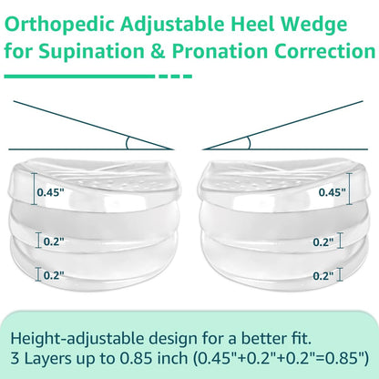 Skyfoot 3-Lagen Verstellbare Fersenkeil-Einlagen zur Korrektur von Supination & Pronation, Klebende mediale & laterale Fersenpolster für O-Beine, Knieschmerzen, Fußausrichtung (L: Damen 7-11, Herren 7-10, Kristall)